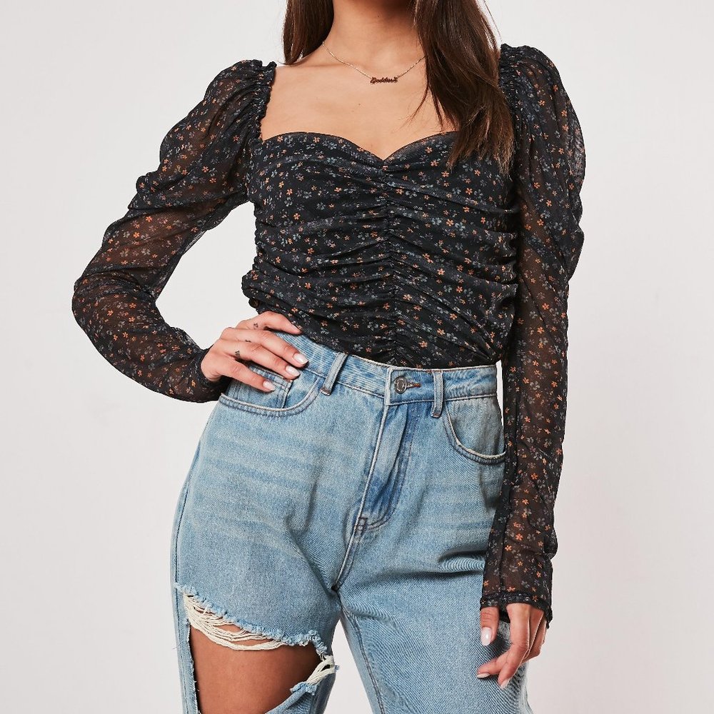 Missguided Black Ditsy Floral Mesh Ruched Top Sz 8